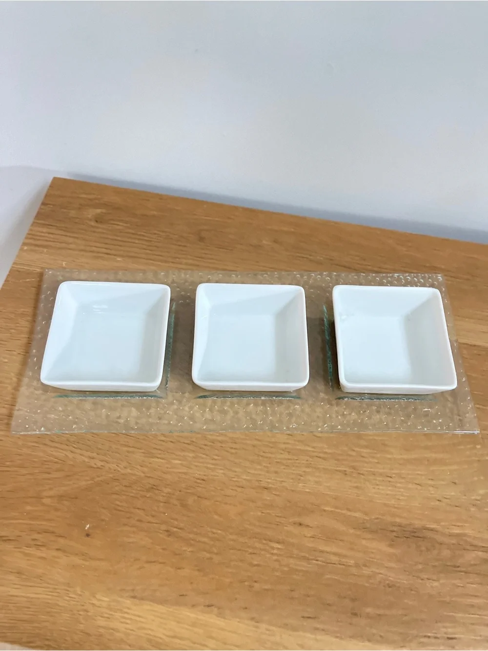 Pier One Tasting Party Set Triple White Ceramic Dipping Bowls on Glass Tray